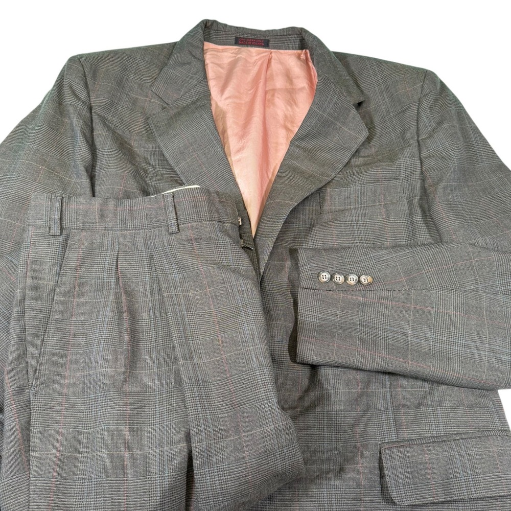 Yorkshire Square 44L Grey Glen Plaid Two Piece Suit Blazer Pleated Pants Vintage